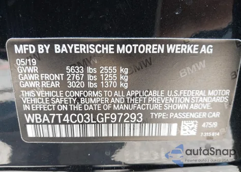 2020 BMW 740I xDrive z USA, uszkodzony, nr VIN WBA7T4C03LGF97293